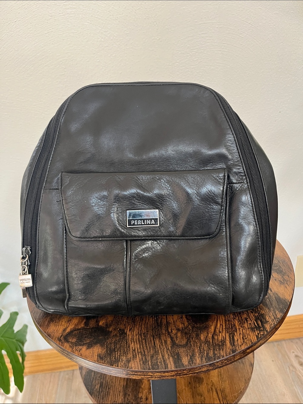Perlina Black Leather Backpack